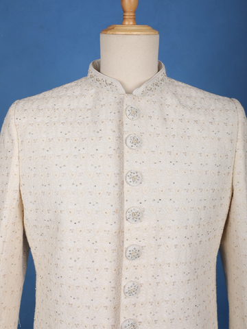 Cream Floral Embroidered Cotton Sherwani Suit - Diadem