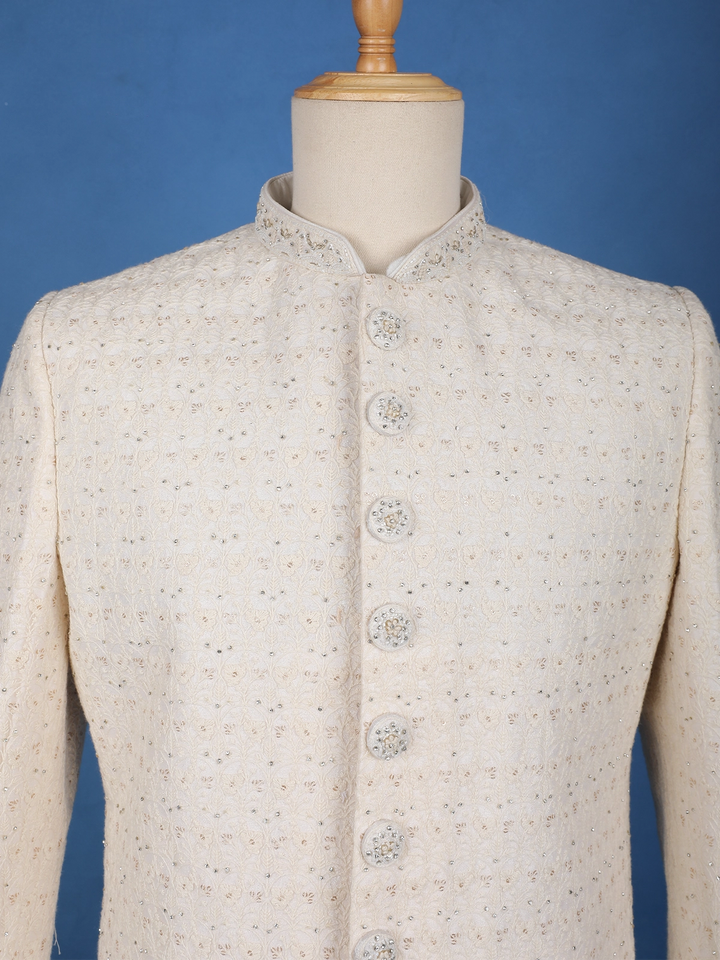 Cream Floral Embroidered Cotton Sherwani Suit - Diadem
