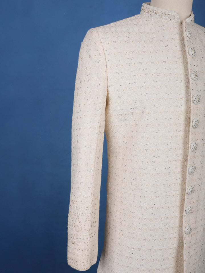 Cream Floral Embroidered Cotton Sherwani Suit - Diadem