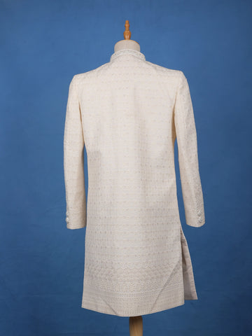 Cream Floral Embroidered Cotton Sherwani Suit - Diadem