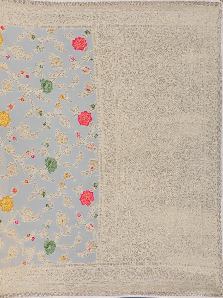 Cream Floral Embroidered Synthetic Saree With Zari Border - Diadem