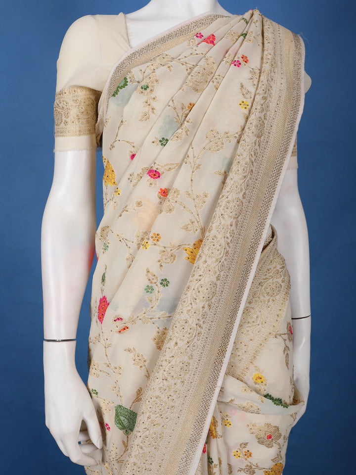 Cream Floral Embroidered Synthetic Saree With Zari Border - Diadem