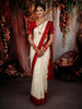 Cream White Peacock Butta Zari Woven Design Pure Kanchipuram Silk Saree with Contrast Border