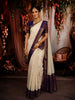Cream White Peacock Butta Zari Woven Design Pure Kanchipuram Silk Saree with Contrast Zari Border