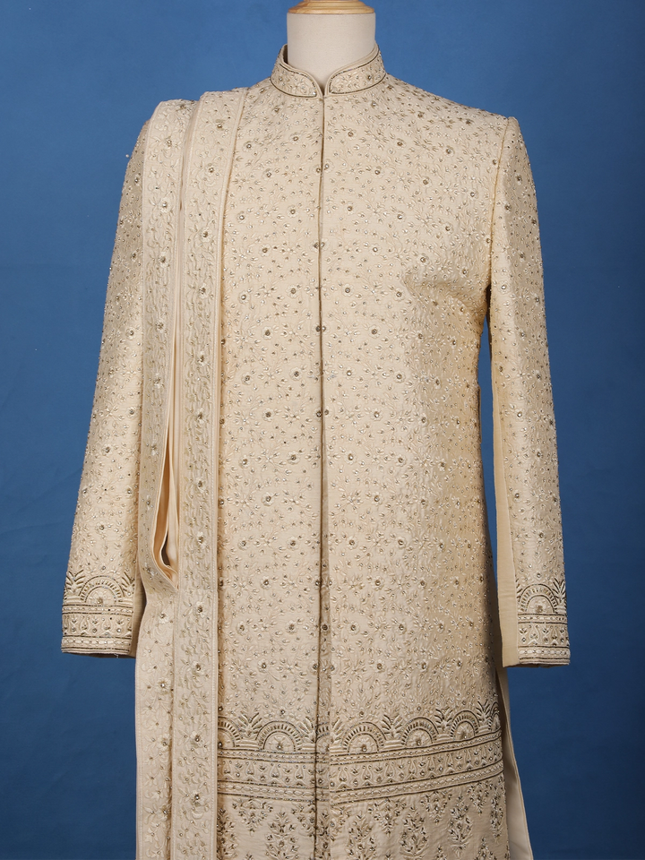 Cream White Raw Silk Floral Designed Sherwani Suit - Diadem
