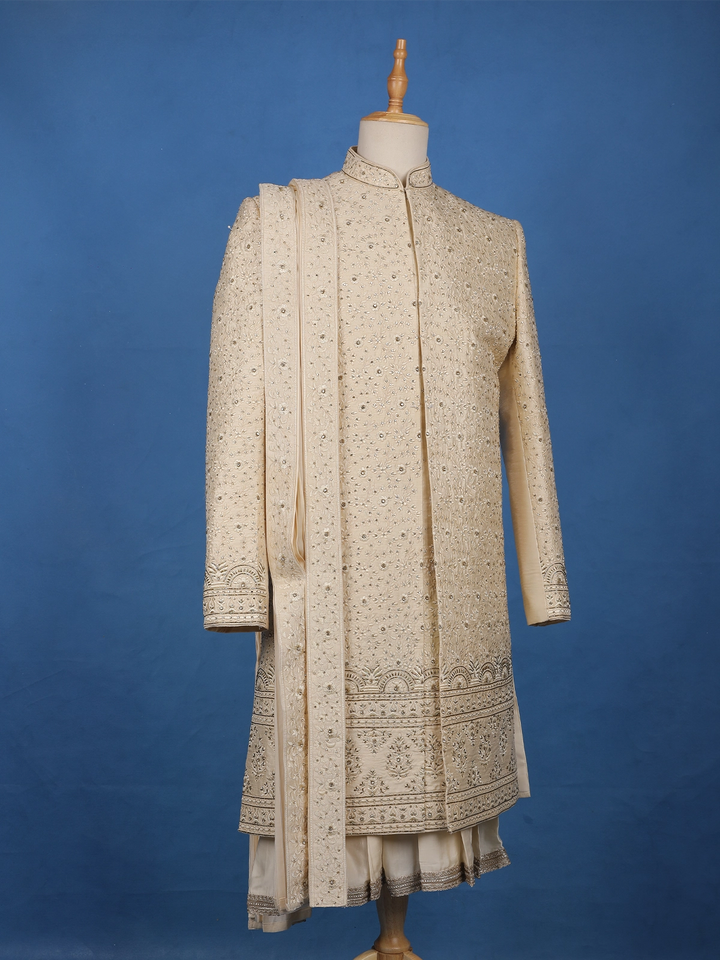 Cream White Raw Silk Floral Designed Sherwani Suit - Diadem
