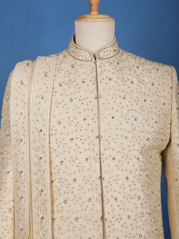 Cream White Raw Silk Floral Designed Sherwani Suit - Diadem