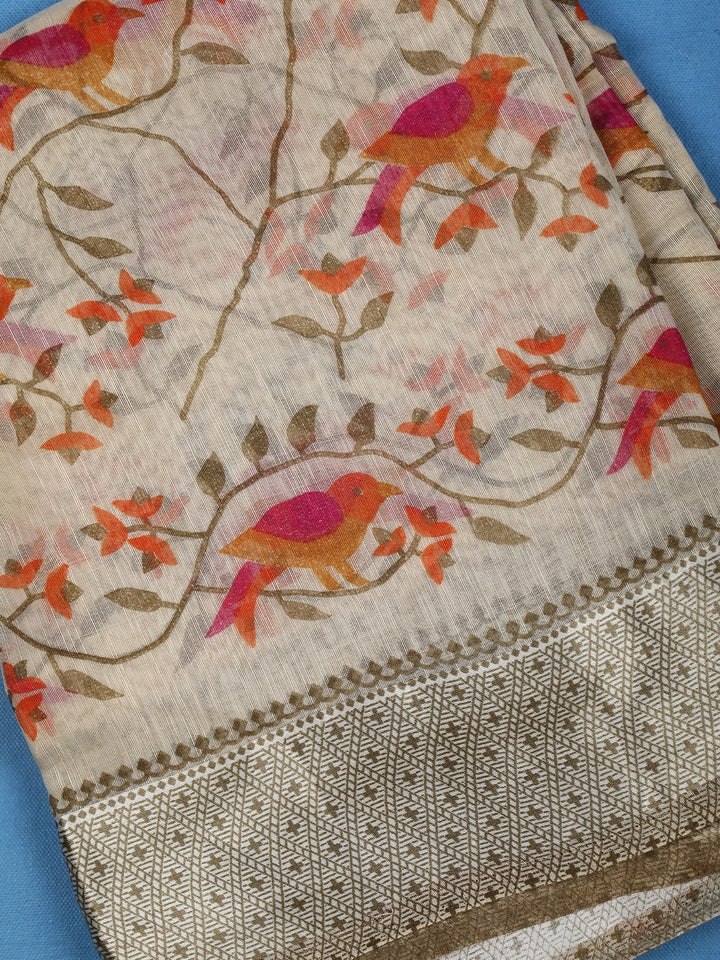 Cream Floral Designed Fancy Cotton Saree - Diadem