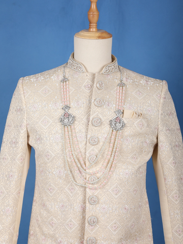 Cream Floral Embroidered Jacquard Sherwani Suit - Diadem