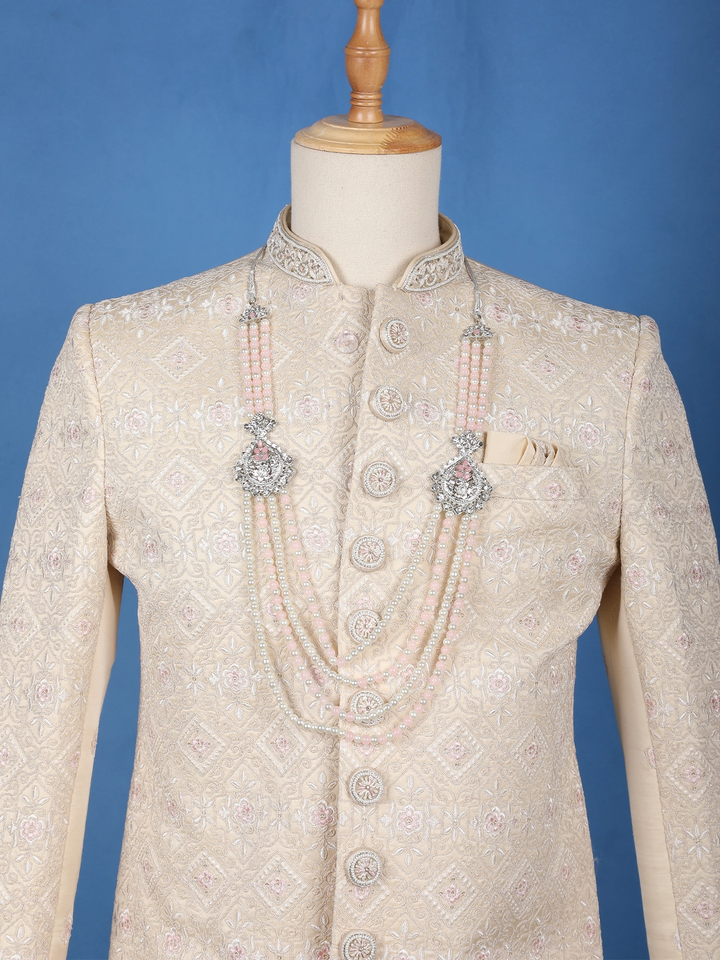 Cream Floral Embroidered Jacquard Sherwani Suit - Diadem
