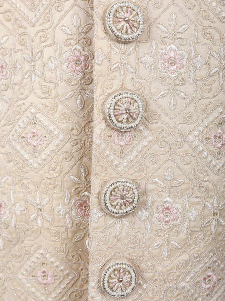 Cream Floral Embroidered Jacquard Sherwani Suit - Diadem