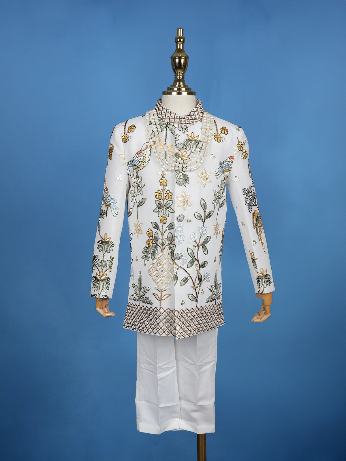 Cream Georgette Floral Embroidery Sherwani And Pant Set