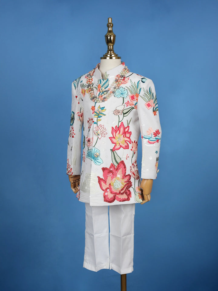 Cream Georgette Floral Embroidery Sherwani And Pant Set - Diadem
