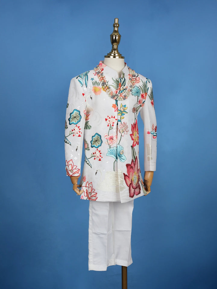 Cream Georgette Floral Embroidery Sherwani And Pant Set - Diadem