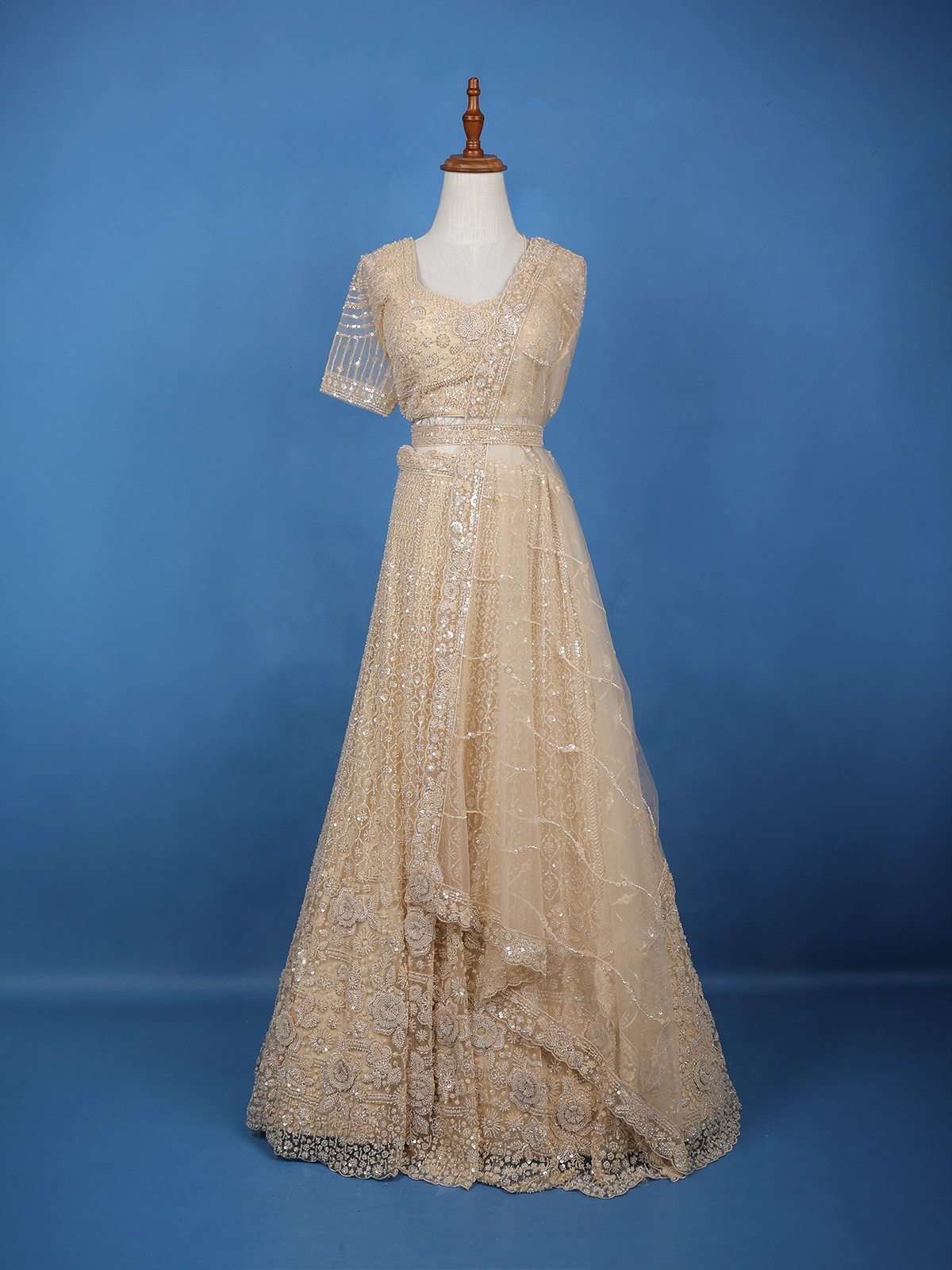Cream Net Lehenga Embellished with Floral Sequins and Beads with Dupatta - Diadem