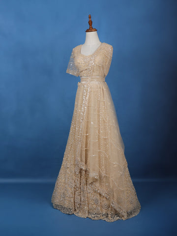 Cream Net Lehenga Embellished with Floral Sequins and Beads with Dupatta - Diadem
