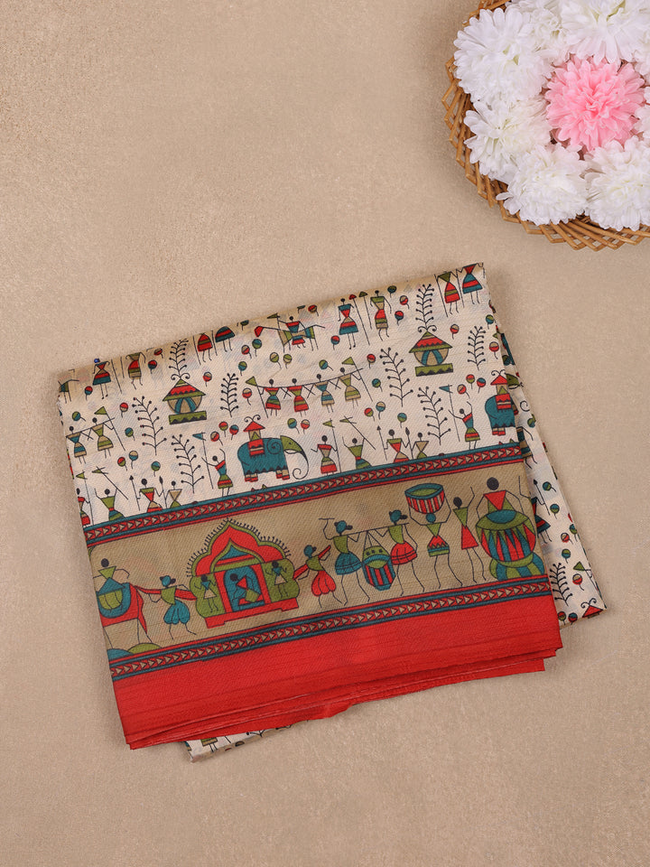 Cream Warli Prints Fancy Georgette Saree - Diadem