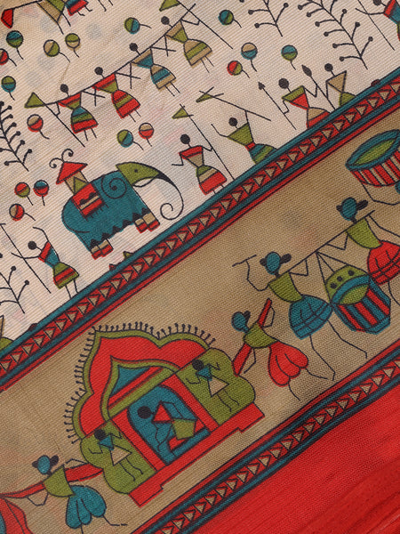 Cream Warli Prints Fancy Georgette Saree - Diadem