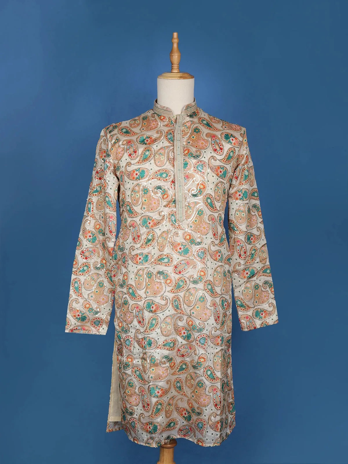 Cream White Paisley And Sequins Embroidery Semi silk Kurta Set With Pant