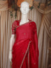 Crimson Red Butta Zari Embroidered Design Pure Organza Saree with Scalloped Border