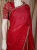 Crimson Red Butta Zari Embroidered Design Pure Organza Saree with Scalloped Border
