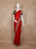 Crimson Red Floral Embroidered Tissue Organza Saree With Navy Blue Floral Blouse