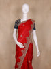 Crimson Red Floral Embroidered Tissue Organza Saree With Navy Blue Floral Blouse