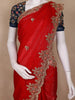 Crimson Red Floral Embroidered Tissue Organza Saree With Navy Blue Floral Blouse