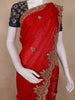 Crimson Red Floral Embroidered Tissue Organza Saree With Navy Blue Floral Blouse