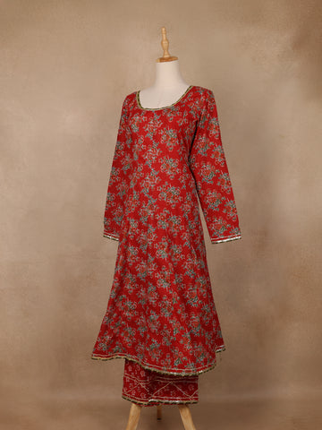 Crimson Red Floral Printed Cotton Salwar Suit - Diadem