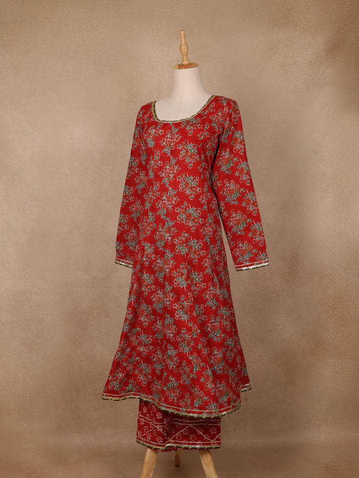 Crimson Red Floral Printed Cotton Salwar Suit - Diadem