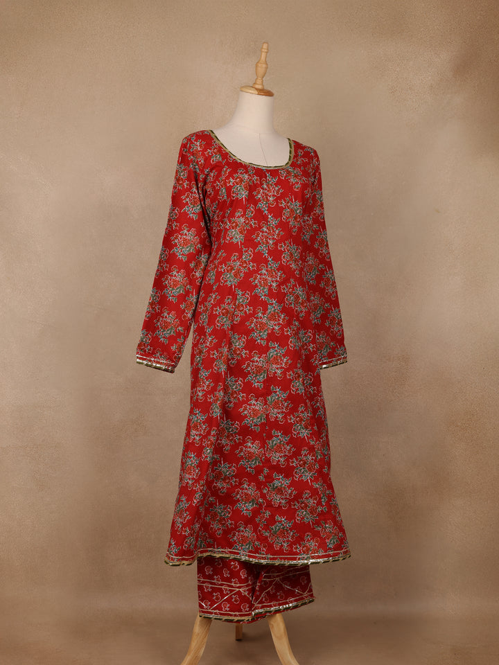Crimson Red Floral Printed Cotton Salwar Suit - Diadem