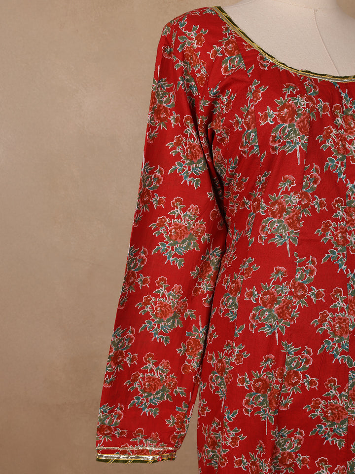 Crimson Red Floral Printed Cotton Salwar Suit - Diadem