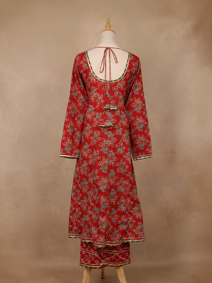Crimson Red Floral Printed Cotton Salwar Suit - Diadem
