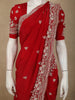 Crimson Red Floral Sequins and Beads Embroidered Design Satin Designer Saree with Scalloped Border