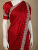 Crimson Red Stone Embellished Design Satin Designer Saree with Scalloped Border