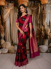 Crimson Red and Black Checked Butta Zari Woven Design Pure Banarasi Silk Party Wear Saree with Zari Border