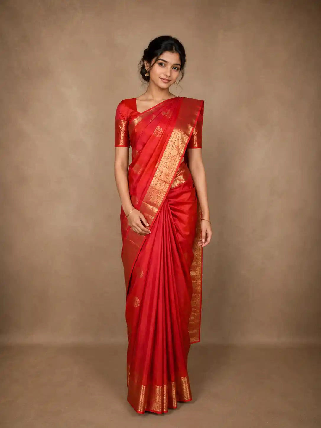 Crimson Red Floral Butta Woven Design Pure Kanchipuram Silk Saree with Contrast Border