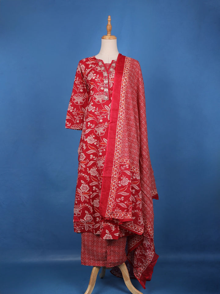 Crimson Red Floral Design Printed Cotton Salwar Suit - Diadem
