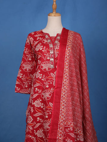 Crimson Red Floral Design Printed Cotton Salwar Suit - Diadem