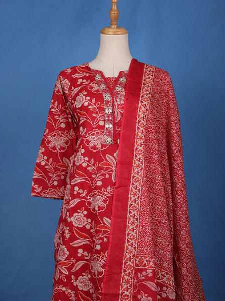 Crimson Red Floral Design Printed Cotton Salwar Suit - Diadem