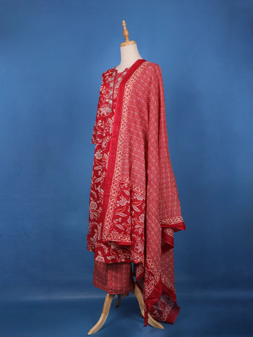 Crimson Red Floral Design Printed Cotton Salwar Suit - Diadem