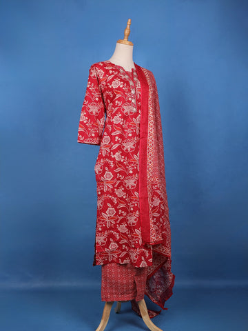 Crimson Red Floral Design Printed Cotton Salwar Suit - Diadem