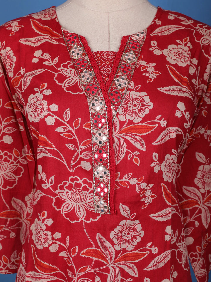 Crimson Red Floral Design Printed Cotton Salwar Suit - Diadem