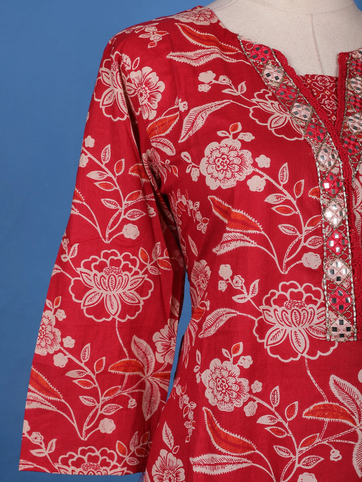 Crimson Red Floral Design Printed Cotton Salwar Suit - Diadem