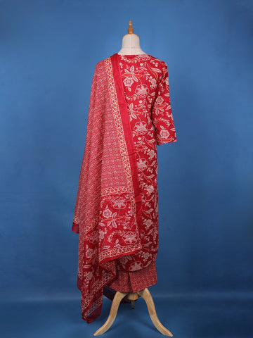 Crimson Red Floral Design Printed Cotton Salwar Suit - Diadem