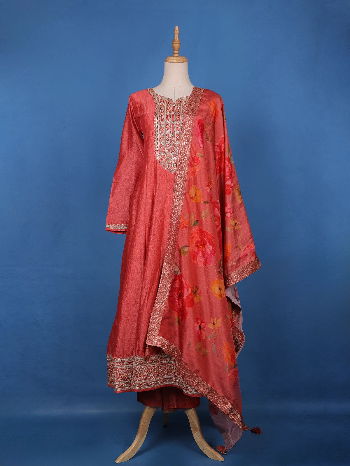 Crimson Red Floral Print Sequins Embellishment Semi Silk Salwar Suit - Diadem