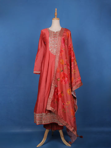 Crimson Red Floral Print Sequins Embellishment Semi Silk Salwar Suit - Diadem