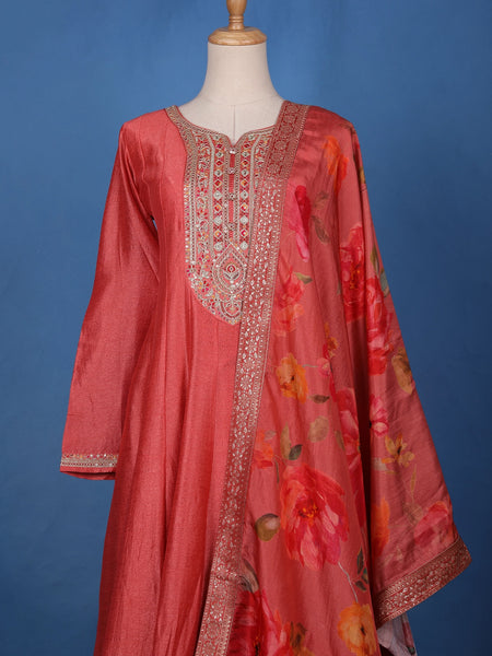 Crimson Red Floral Print Sequins Embellishment Semi Silk Salwar Suit - Diadem