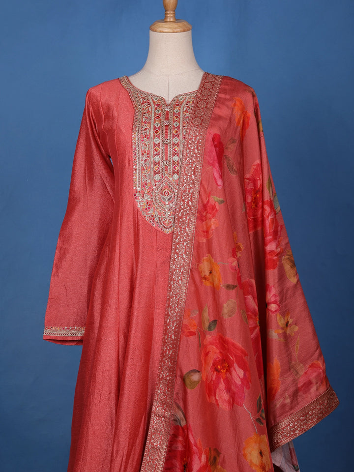 Crimson Red Floral Print Sequins Embellishment Semi Silk Salwar Suit - Diadem